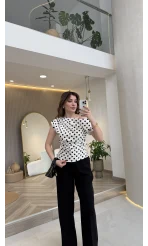 Nerina Puantiye Desenli Pile Detaylı Bluz - Ekru - Kod: 71779