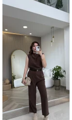 Kemerli Sıfır Kol Tulum - Kahverengi - Kod: 580907