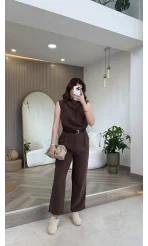 Kemerli Sıfır Kol Tulum - Kahverengi - Kod: 580907