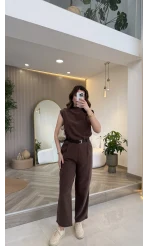 Kemerli Sıfır Kol Tulum - Kahverengi - Kod: 580907