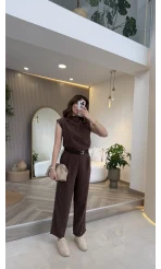 Kemerli Sıfır Kol Tulum - Kahverengi - Kod: 580907