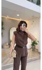 Kemerli Sıfır Kol Tulum - Kahverengi - Kod: 580907