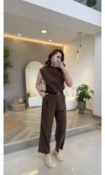 Kemerli Sıfır Kol Tulum - Kahverengi - Kod: 580907