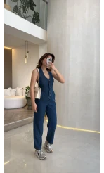 Boyundan Geçmeli Denim Tulum - Lacivert - Kod:8282