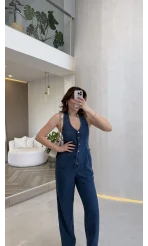 Boyundan Geçmeli Denim Tulum - Lacivert - Kod:8282