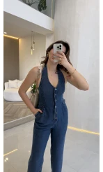 Boyundan Geçmeli Denim Tulum - Lacivert - Kod:8282