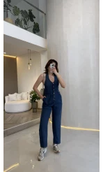 Boyundan Geçmeli Denim Tulum - Lacivert - Kod:8282