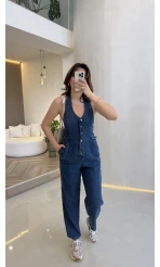 Boyundan Geçmeli Denim Tulum - Lacivert - Kod:8282