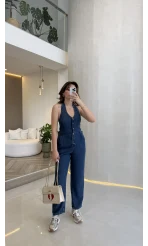 Boyundan Geçmeli Denim Tulum - Lacivert - Kod:8282