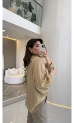 Sweden Yakası Gipeli Balon Kol V Yaka Çizgili Gömlek - Açık Haki - Kod: 580768