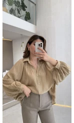 Sweden Yakası Gipeli Balon Kol V Yaka Çizgili Gömlek - Açık Haki - Kod: 580768