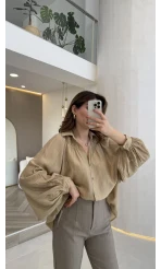 Sweden Yakası Gipeli Balon Kol V Yaka Çizgili Gömlek - Açık Haki - Kod: 580768