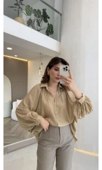 Sweden Yakası Gipeli Balon Kol V Yaka Çizgili Gömlek - Açık Haki - Kod: 580768