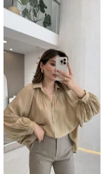 Sweden Yakası Gipeli Balon Kol V Yaka Çizgili Gömlek - Açık Haki - Kod: 580768