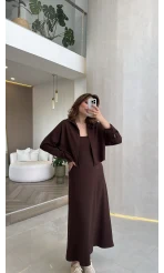 İnce Askılı Elbise Hırka Takım - Kahverengi - Kod: 4103