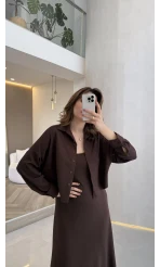 İnce Askılı Elbise Hırka Takım - Kahverengi - Kod: 4103