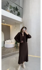 İnce Askılı Elbise Hırka Takım - Kahverengi - Kod: 4103