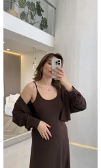 İnce Askılı Elbise Hırka Takım - Kahverengi - Kod: 4103