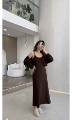 İnce Askılı Elbise Hırka Takım - Kahverengi - Kod: 4103