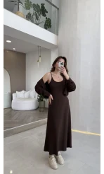 İnce Askılı Elbise Hırka Takım - Kahverengi - Kod: 4103