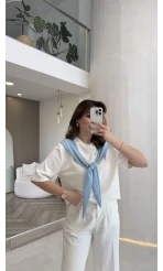 Sawa Fular Detay T-Shirt - Bebe Mavisi - Kod: 1094