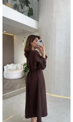 Önü Aksesuaar Detaylı Modal Elbise - Kahverengi - Kod: 3078