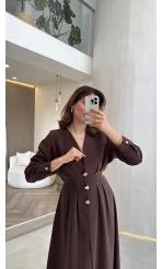 Önü Aksesuaar Detaylı Modal Elbise - Kahverengi - Kod: 3078