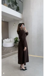 Önü Aksesuaar Detaylı Modal Elbise - Kahverengi - Kod: 3078