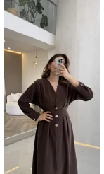 Önü Aksesuaar Detaylı Modal Elbise - Kahverengi - Kod: 3078