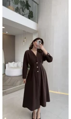 Önü Aksesuaar Detaylı Modal Elbise - Kahverengi - Kod: 3078