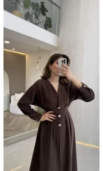 Önü Aksesuaar Detaylı Modal Elbise - Kahverengi - Kod: 3078