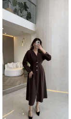 Önü Aksesuaar Detaylı Modal Elbise - Kahverengi - Kod: 3078