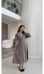 Önü Aksesuaar Detaylı Modal Elbise - Vizon - Kod: 3078