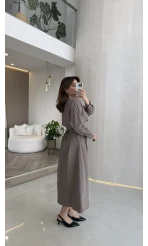 Önü Aksesuaar Detaylı Modal Elbise - Vizon - Kod: 3078