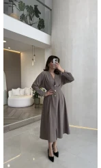 Önü Aksesuaar Detaylı Modal Elbise - Vizon - Kod: 3078