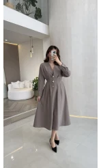 Önü Aksesuaar Detaylı Modal Elbise - Vizon - Kod: 3078