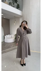 Önü Aksesuaar Detaylı Modal Elbise - Vizon - Kod: 3078