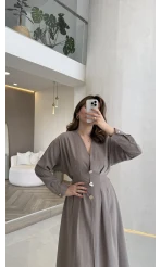 Önü Aksesuaar Detaylı Modal Elbise - Vizon - Kod: 3078