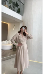 Önü Aksesuaar Detaylı Modal Elbise - Taş - Kod: 3078