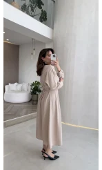 Önü Aksesuaar Detaylı Modal Elbise - Taş - Kod: 3078