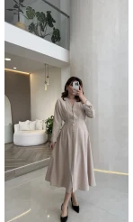 Önü Aksesuaar Detaylı Modal Elbise - Taş - Kod: 3078