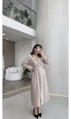 Önü Aksesuaar Detaylı Modal Elbise - Taş - Kod: 3078