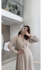 Önü Aksesuaar Detaylı Modal Elbise - Taş - Kod: 3078