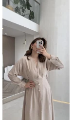 Önü Aksesuaar Detaylı Modal Elbise - Taş - Kod: 3078