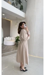 Önü Aksesuaar Detaylı Modal Elbise - Taş - Kod: 3078