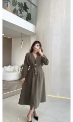 Önü Aksesuaar Detaylı Modal Elbise - Haki - Kod: 3078