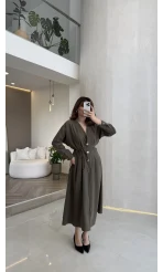 Önü Aksesuaar Detaylı Modal Elbise - Haki - Kod: 3078