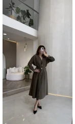 Önü Aksesuaar Detaylı Modal Elbise - Haki - Kod: 3078