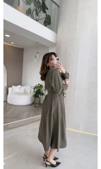 Önü Aksesuaar Detaylı Modal Elbise - Haki - Kod: 3078