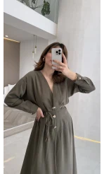 Önü Aksesuaar Detaylı Modal Elbise - Haki - Kod: 3078